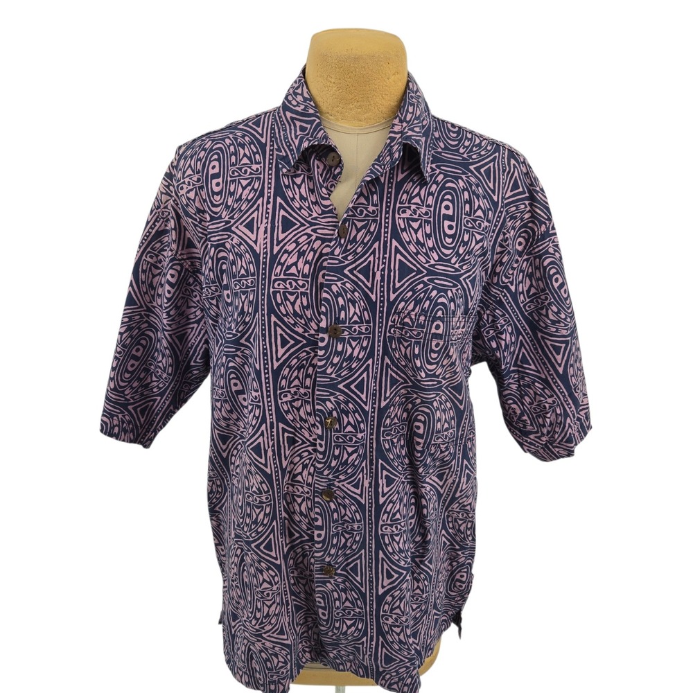 Noa Noa Button Up Shirt Mens Large Purple Tribal Print Cotton Short Sleeve Aloha